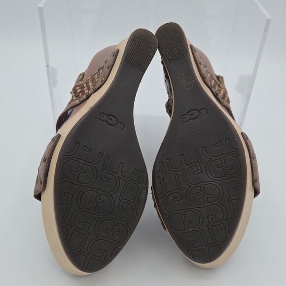 UGG ASSIA CHOCOLATE LEATHER STRAPPY WEDGE HEELS, WOMEN US 7.5/ EUR 38.5 - Picture 10 of 11